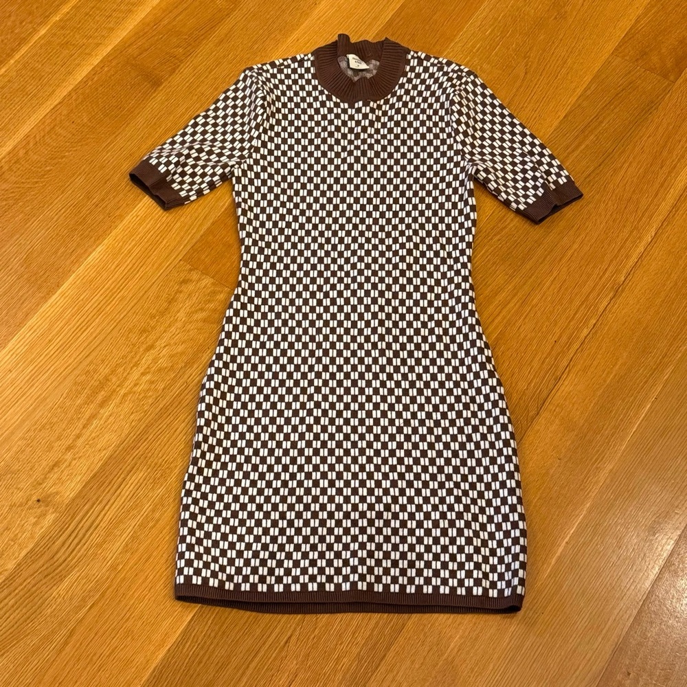Abercrombie & Fitch Brown Checkered Mini Dress Size SP  Mock Neck Preppy Casual